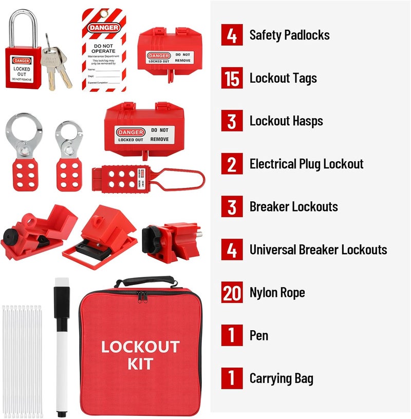 Xeoca Lockout Tagout Kit Electrical Loto 33Pcs - Safety Padlocks Clamp-On Circuit Breaker Lockout, Group Lockout Hasps, Lockout Tag, Universal Multi- Pole Breaker and Red Carrying Bag - Image 2